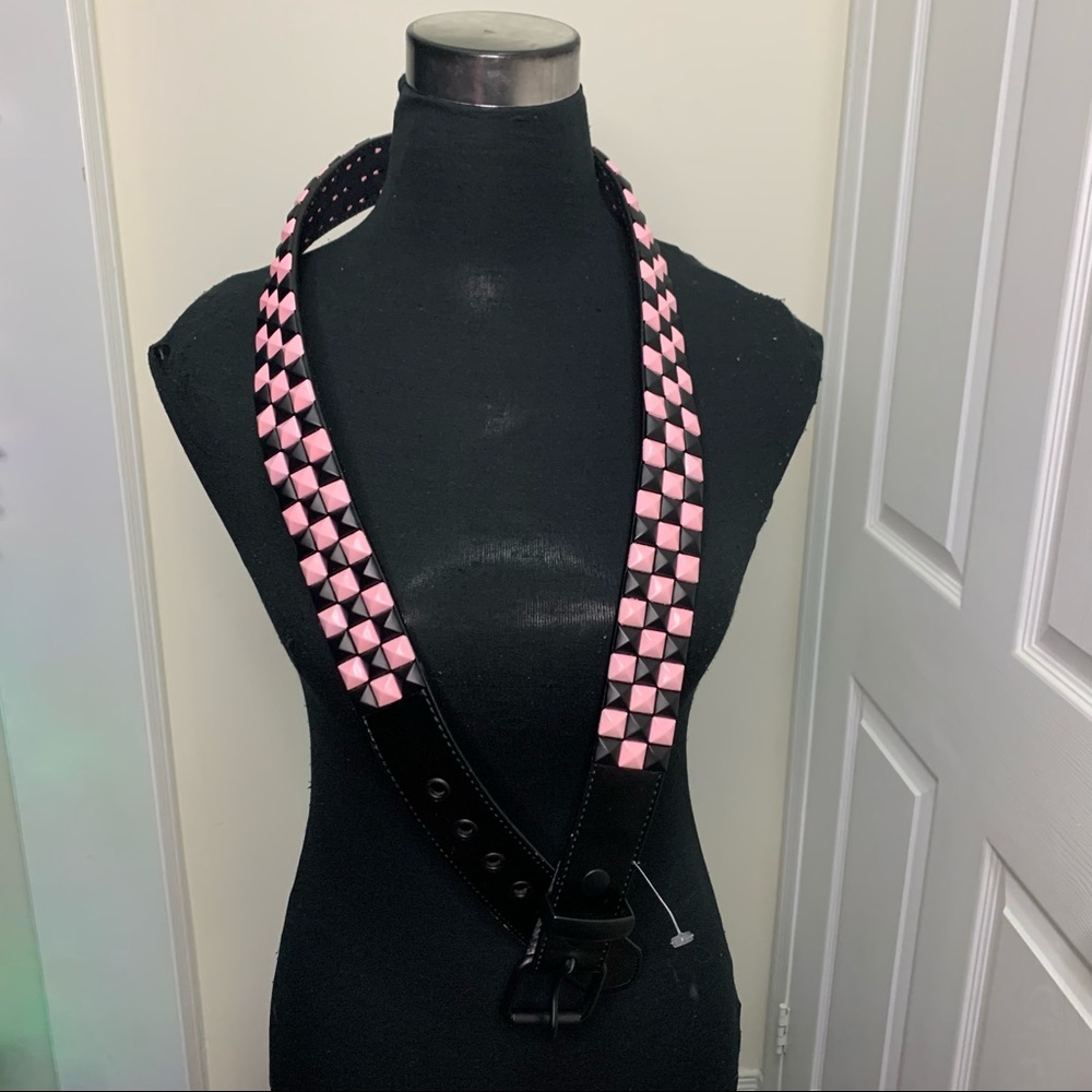 Italian Style Studded Checkered lush Pink & Espresso Brown Wide Belt 49” length